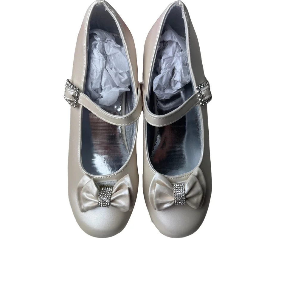 JOSMO Girls Mary Jane Dress Shoes Size 3 Ivory Rhinestone Bow‎ Block Heel Strap